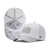 Interior and front view of the Coaster Splash Glacier White Silver Flag performance hat featuring a raised silver American flag patch, grey camo underbill, perforated crown, and moisture-wicking sweatband.