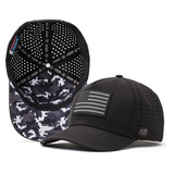 Interior and front view of a black Alter Ego Running hat showing camo brim lining, polka dot interior, and tonal American flag patch.