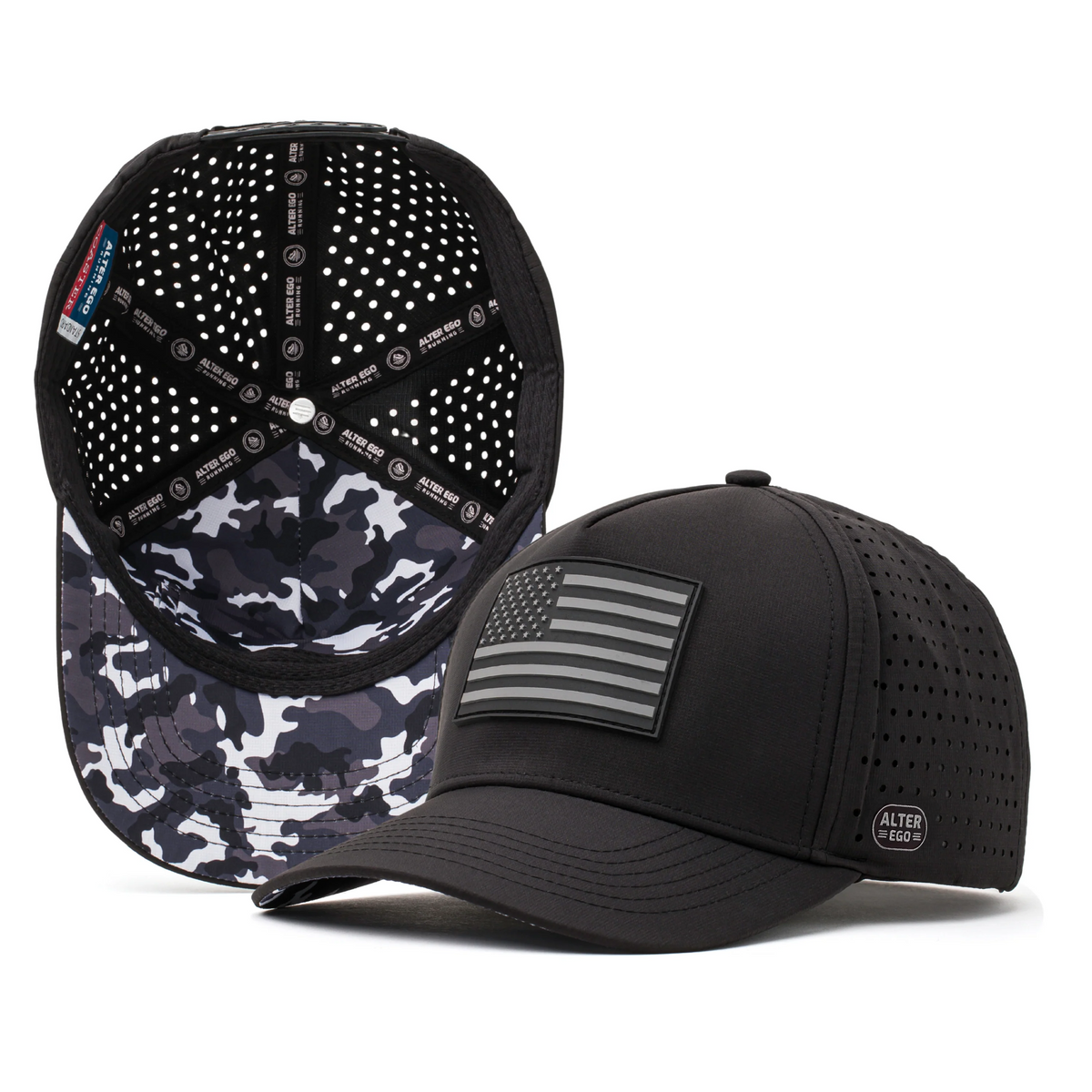 Interior and front view of a black Alter Ego Running hat showing camo brim lining, polka dot interior, and tonal American flag patch.