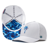 Interior and front view of a white Alter Ego Running performance hat showing blue camo brim lining, perforated panels, and a blue palm tree logo.