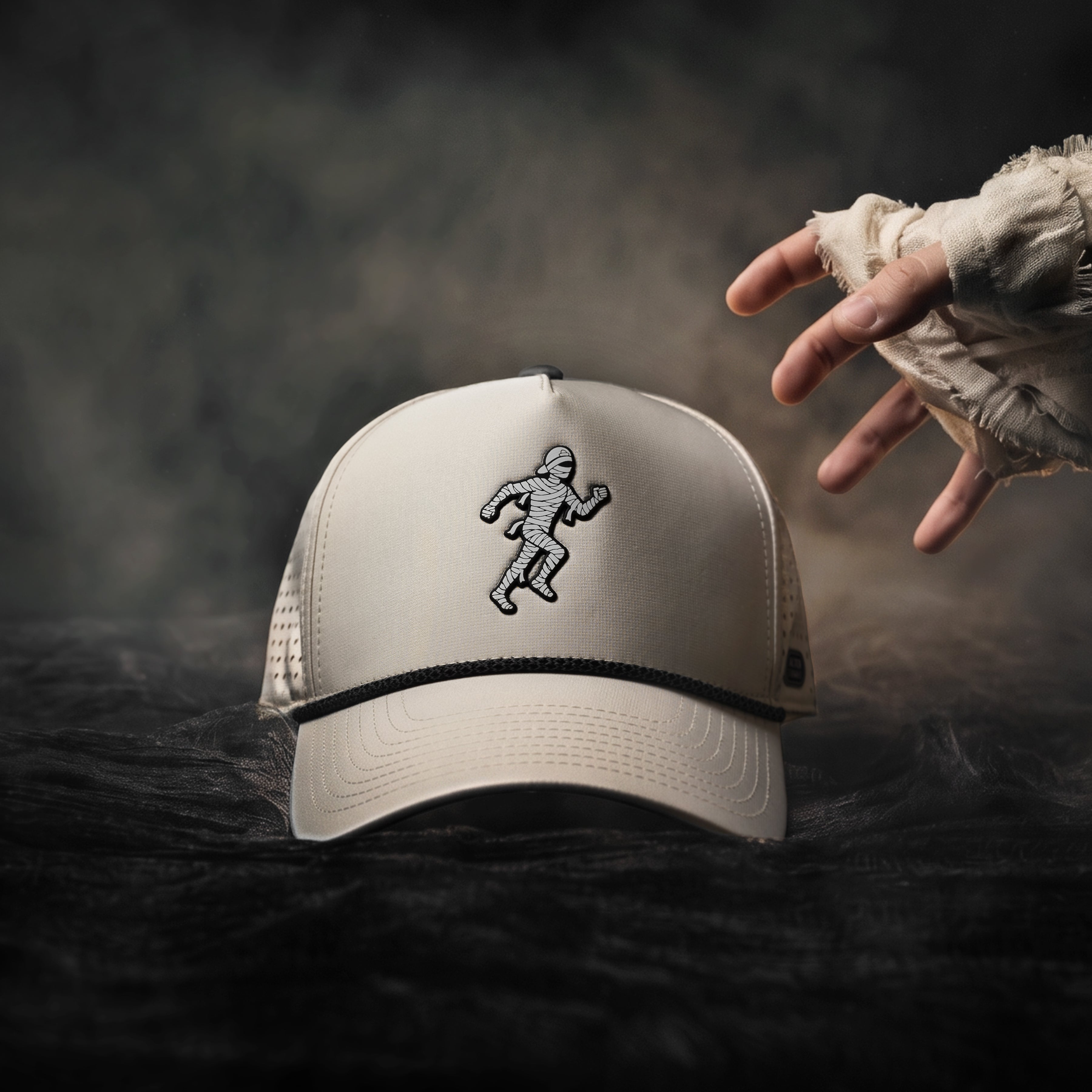 Alter Ego Coaster Splash Ivory Mummy running hat with an ivory design and running mummy graphic displayed in a Halloween-inspired scene with a reaching mummy hand.