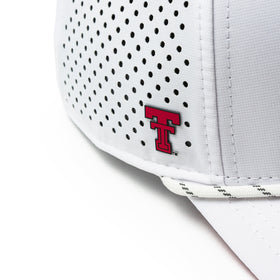 Alter Ego Coaster Splash Texas Tech Red Raiders hat featuring laser-cut ventilation panels, a red Texas Tech logo, white rope trim, and a white crown.