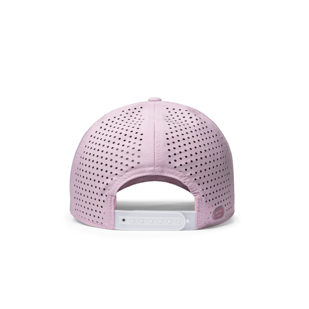 Alter Ego Trotter Splash Royal Rosé hat in a soft rosé pink, shown from the back with laser-cut panels, an adjustable snapback closure, and a reflective Alter Ego side badge.