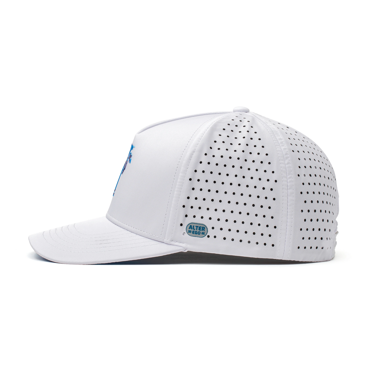 Side view of a white Alter Ego Running perforated hat with blue palm tree logo and lightweight breathable fabric