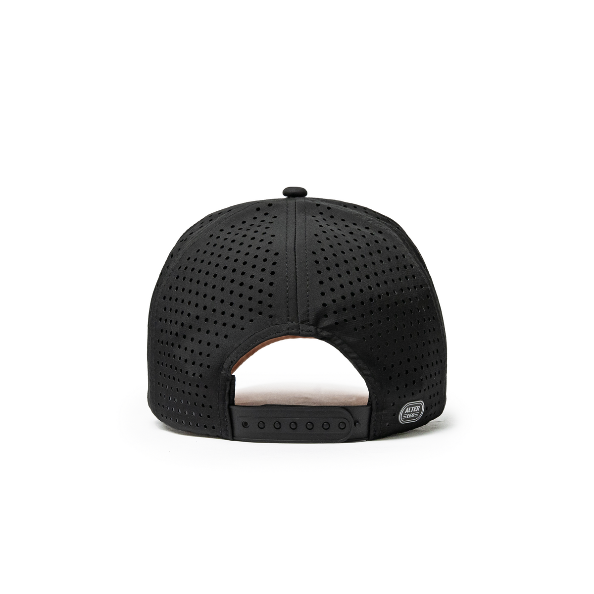 Alter Ego Traveler Splash hat shown from the back with black laser cut ventilation panels, adjustable snapback closure, and reflective Alter Ego side patch.