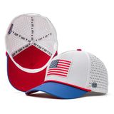 Interior and front view of the Coaster Splash White USA Flag performance hat featuring a raised American flag patch, blue brim, red underbill, perforated crown, and moisture-wicking sweatband