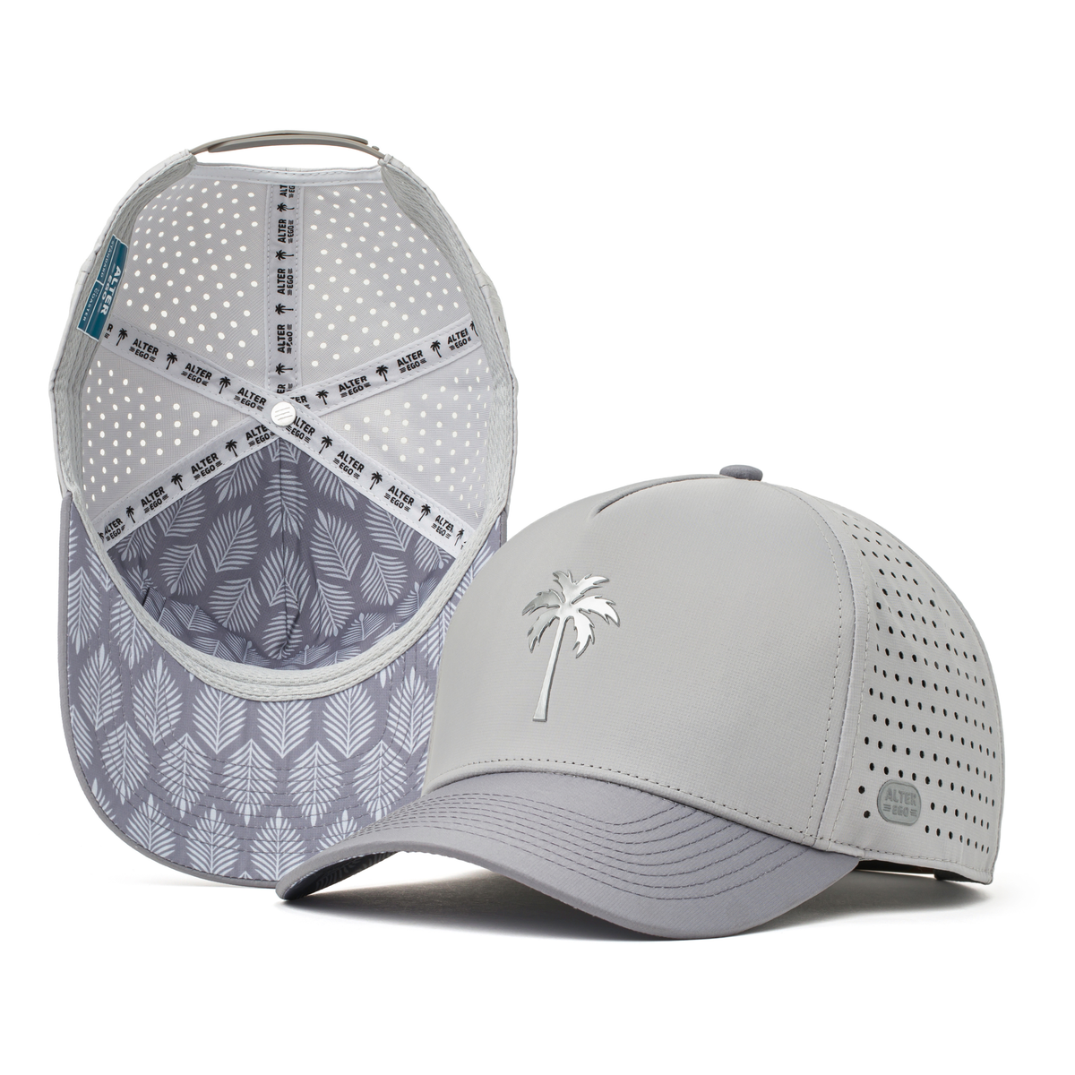Alter Ego light gray Coaster Splash Royal Chrome running hat with perforated side panels, palm tree logo, patterned interior, and contrasting underbill, shown from front and interior views.