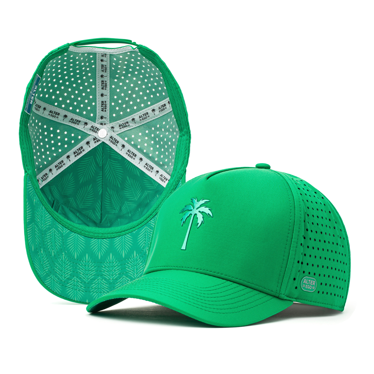 Alter Ego emerald green Coaster Splash Royal Emerald running hat with palm tree logo, perforated side panels, and patterned palm leaf interior, shown from front and interior views.