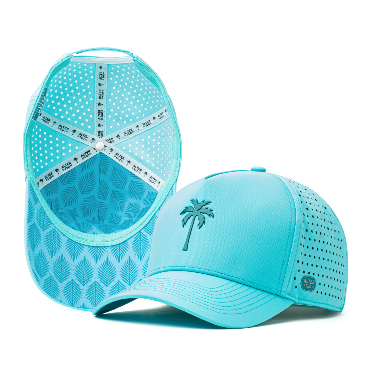 Alter Ego aquamarine Coaster Splash Royal Aquamarine running hat with perforated side panels, palm tree logo, and patterned palm leaf interior, shown from front and interior views.