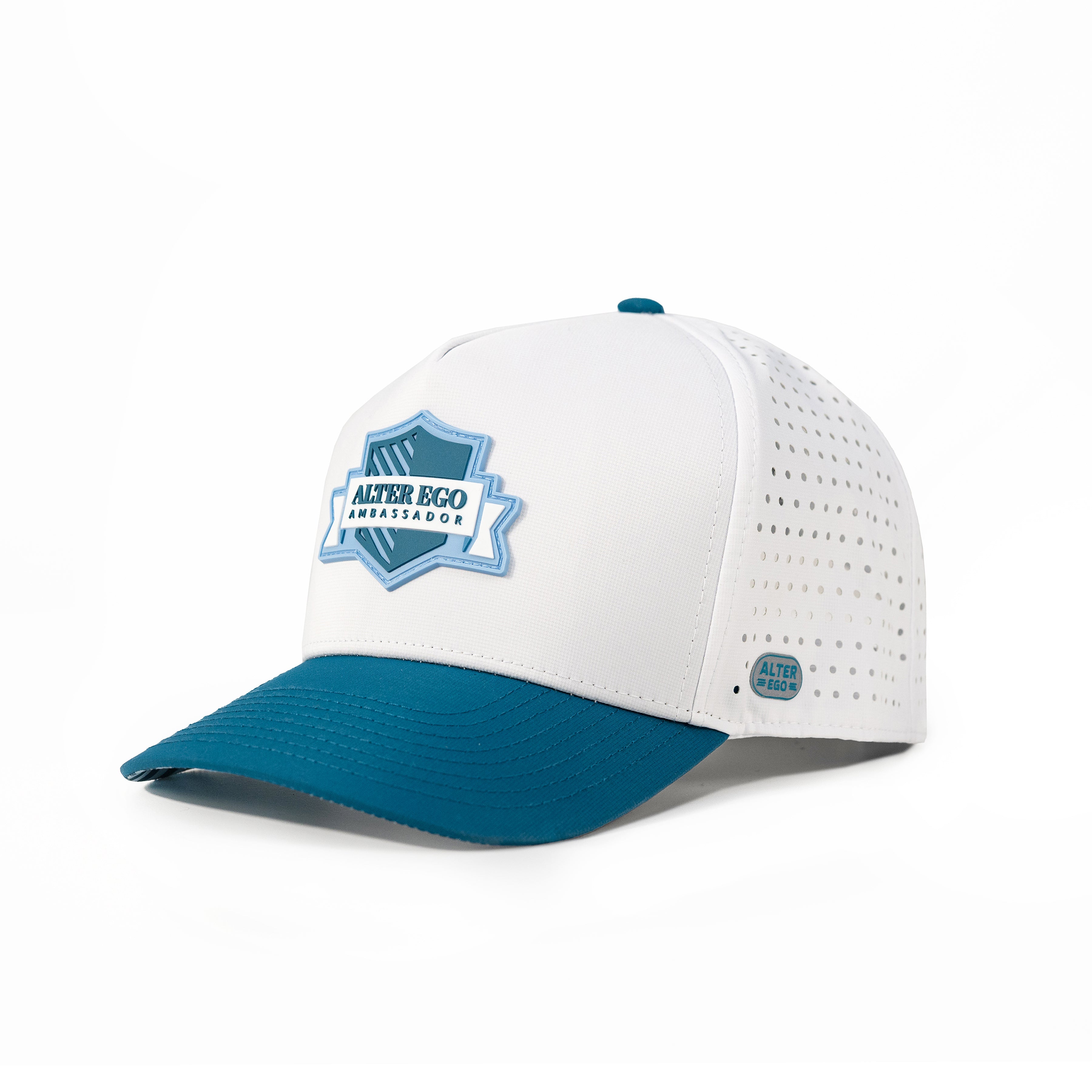 Alter Ego Coaster Splash Ambassador Hat in Glacier White and Pacific Teal performance design.