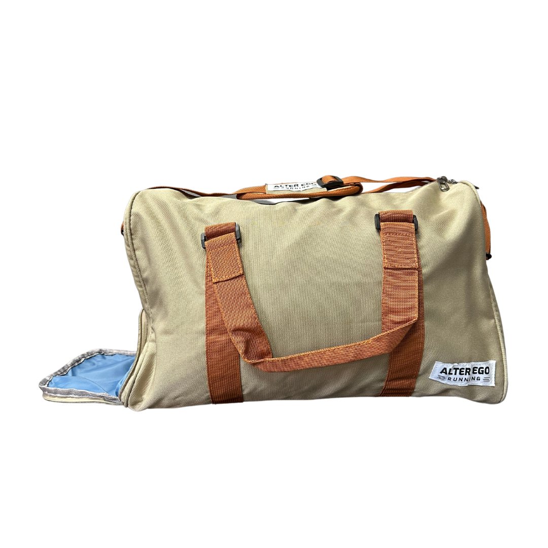 LONG RUN DUFFLE GYM BAG TAN W BLUE INTERIOR